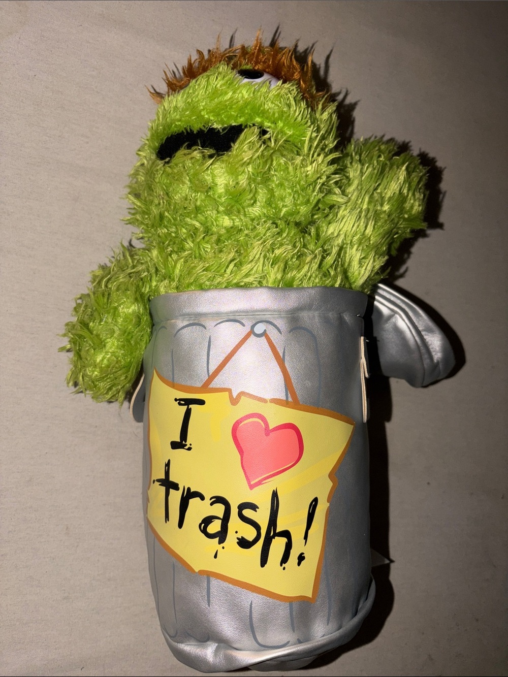 Vintage Collectible Green Trash Monster Plush Hooded with Silver Trash Can